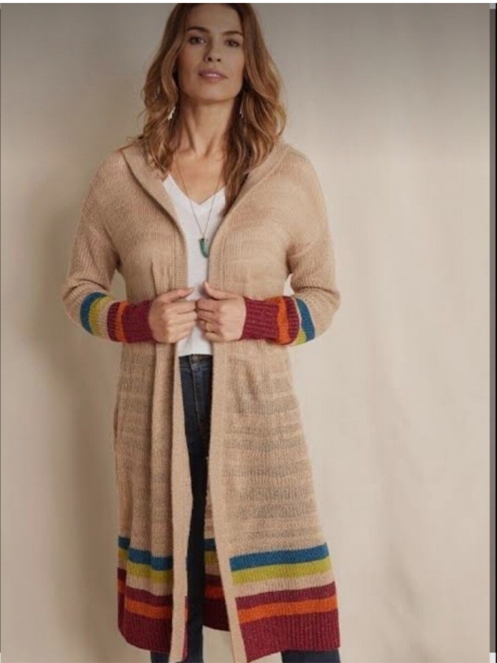 Matilda Jane Beige Hooded Open-Front Cardigan with Rainbow Stripe Trim